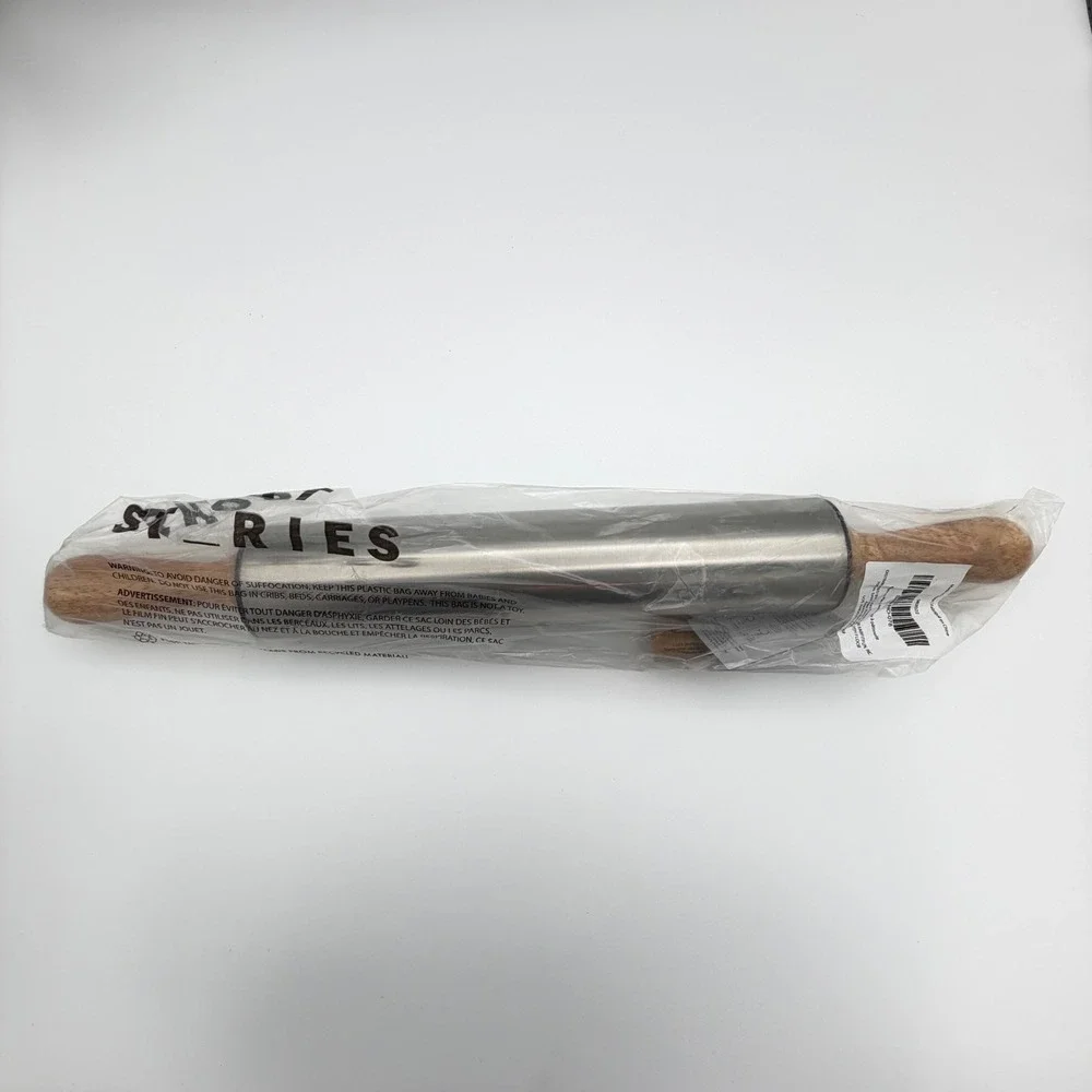 Short Stories 17 Inch Stainless Steel Rolling Pin Wood Handles FabFitFun NWT